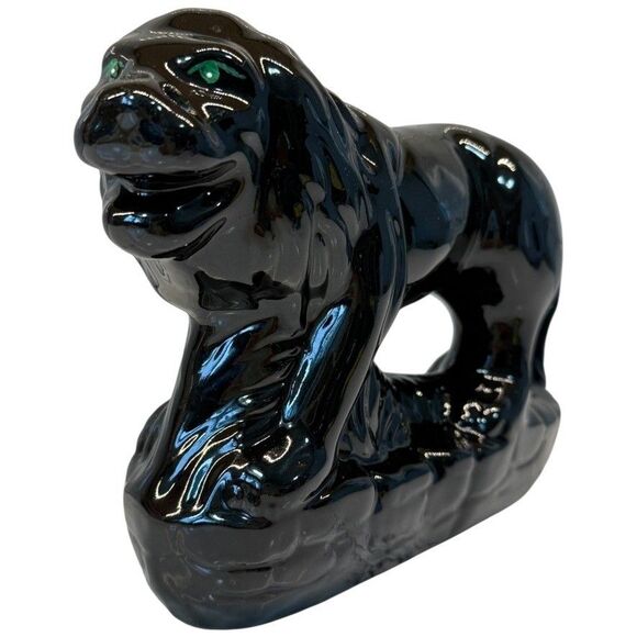 Vtg MCM Black Ceramic Stalking Lion Cat Figurine Green Eyes 9” Gloss Art Rare - Picture 8 of 16